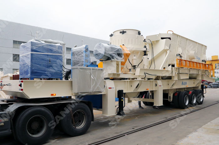 花崗巖河卵石破碎設(shè)備；輪胎式移動破碎站